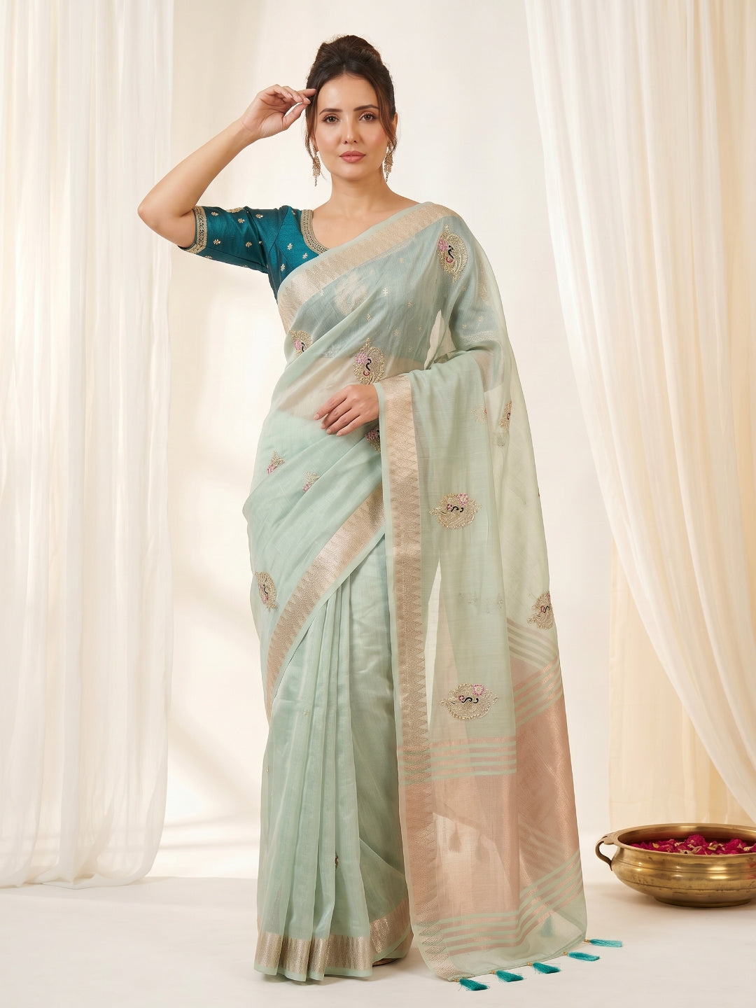 Sky Original Banarasi Checks Saree Designer Party Wear Saree With Beads Handwork Zari Border Rich Pallu Wedding Festive Saree