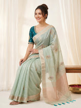 Sky Original Banarasi Checks Saree Designer Party Wear Saree With Beads Handwork Zari Border Rich Pallu Wedding Festive Saree