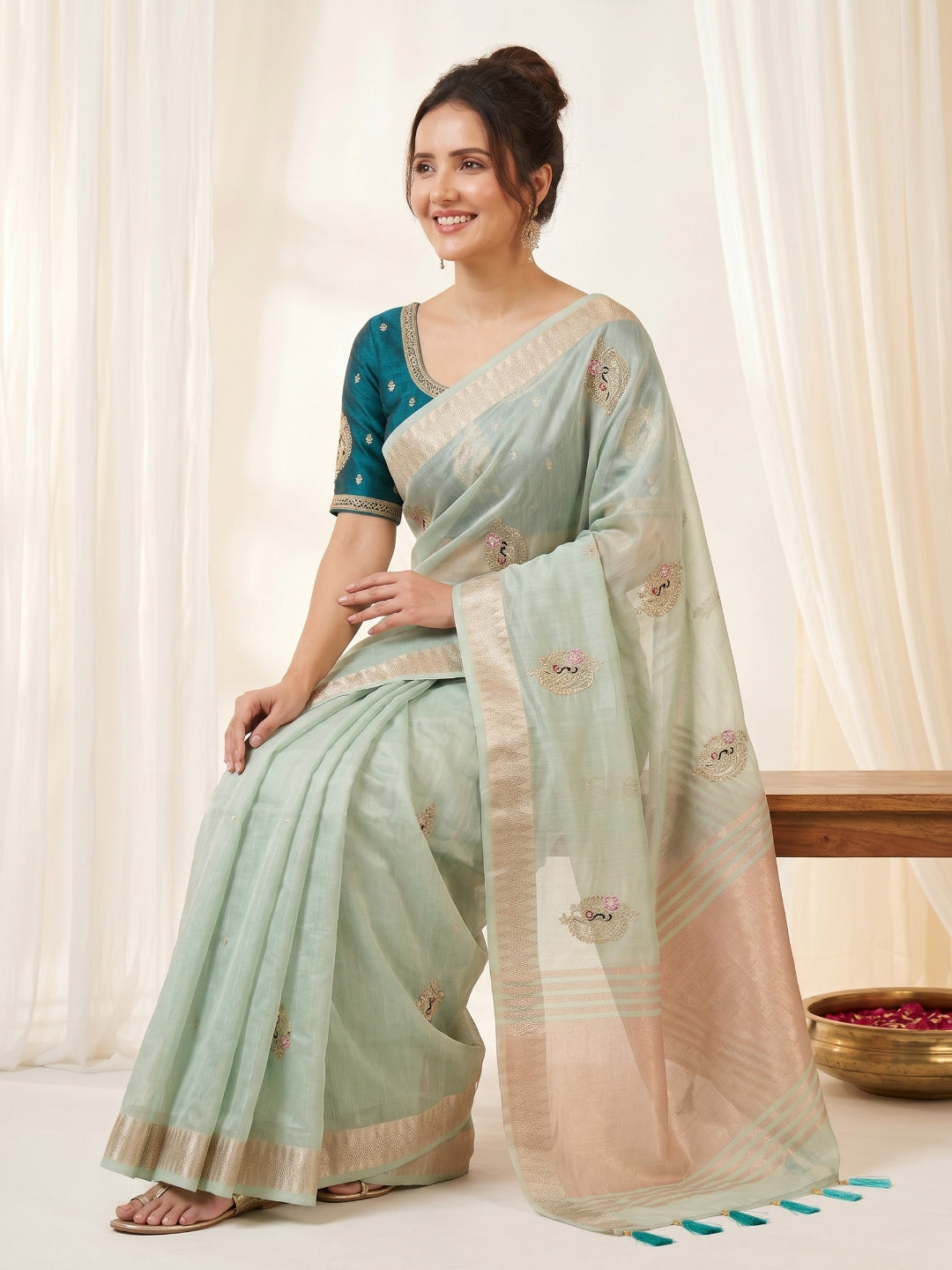 Sky Original Banarasi Checks Saree Designer Party Wear Saree With Beads Handwork Zari Border Rich Pallu Wedding Festive Saree