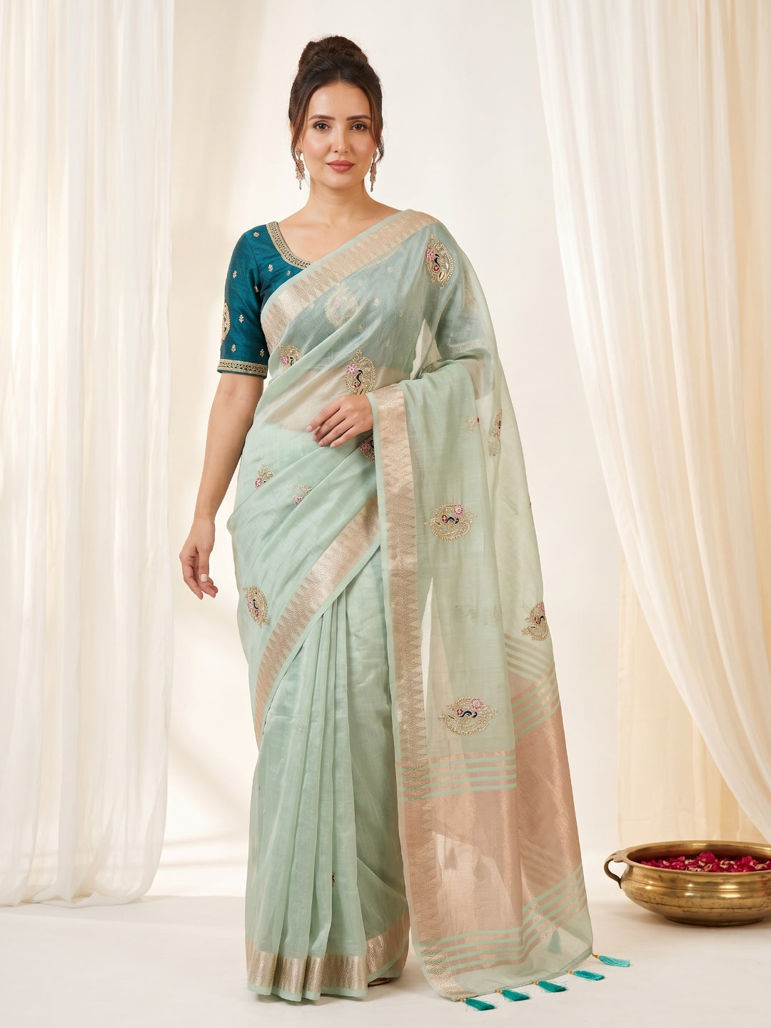 Sky Original Banarasi Checks Saree Designer Party Wear Saree With Beads Handwork Zari Border Rich Pallu Wedding Festive Saree