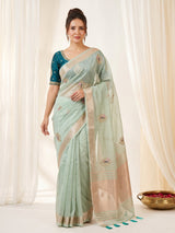 Sky Original Banarasi Checks Saree Designer Party Wear Saree With Beads Handwork Zari Border Rich Pallu Wedding Festive Saree