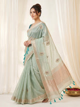 Sky Original Banarasi Checks Saree Designer Party Wear Saree With Beads Handwork Zari Border Rich Pallu Wedding Festive Saree