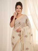 White Original Banarasi Checks Saree Designer Party Wear Saree With Beads Handwork Zari Border Rich Pallu Wedding Festive Saree