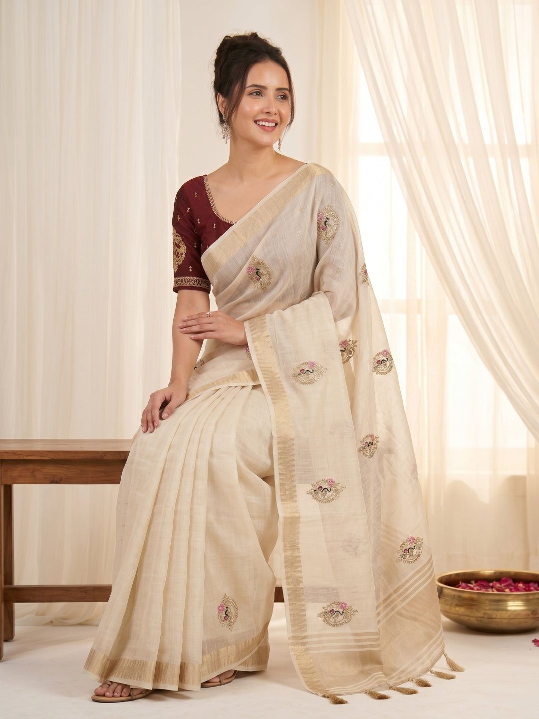 White Original Banarasi Checks Saree Designer Party Wear Saree With Beads Handwork Zari Border Rich Pallu Wedding Festive Saree