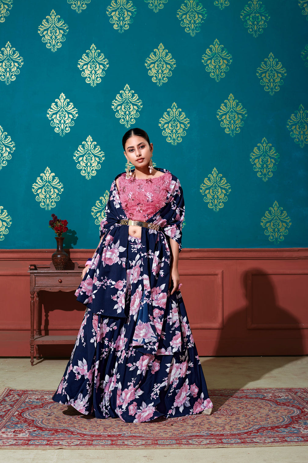 Fabulous Blue-Pink Digital Printed Silk Party Wear Lehenga Choli