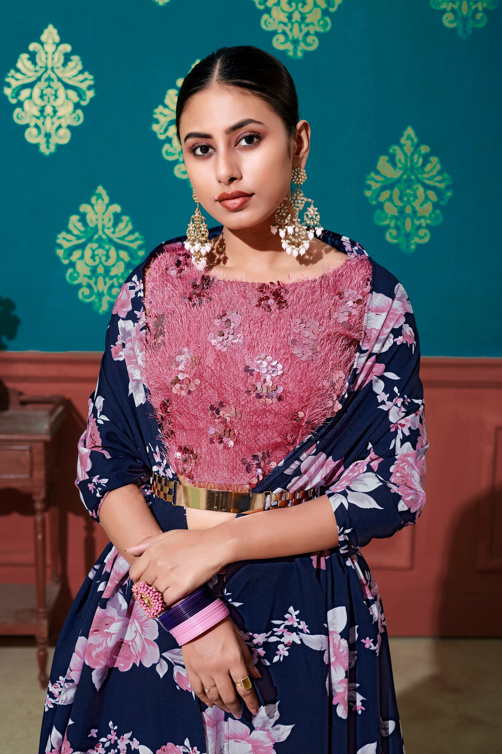 Fabulous Blue-Pink Digital Printed Silk Party Wear Lehenga Choli