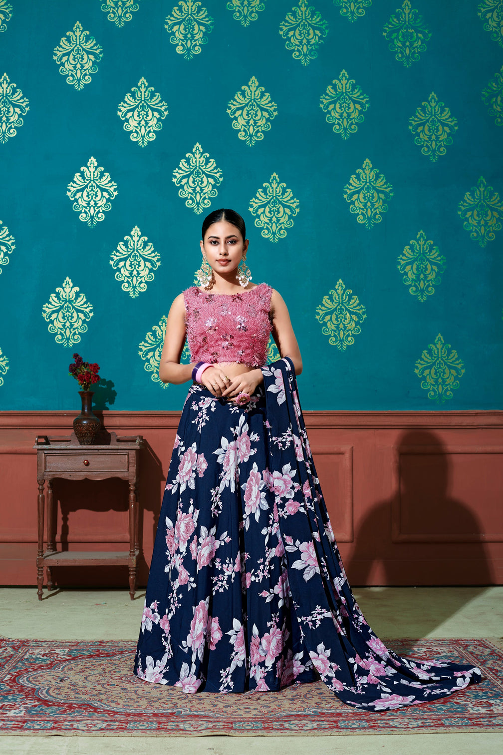 Fabulous Blue-Pink Digital Printed Silk Party Wear Lehenga Choli
