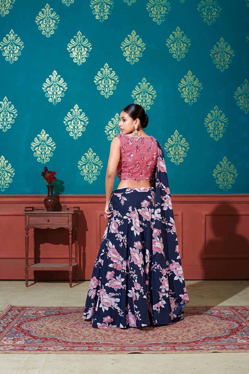 Fabulous Blue-Pink Digital Printed Silk Party Wear Lehenga Choli