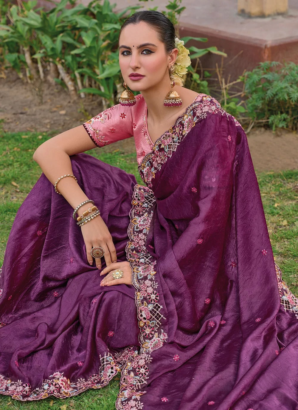Radiant purple organza silk saree with embroidery stone sequin detailing