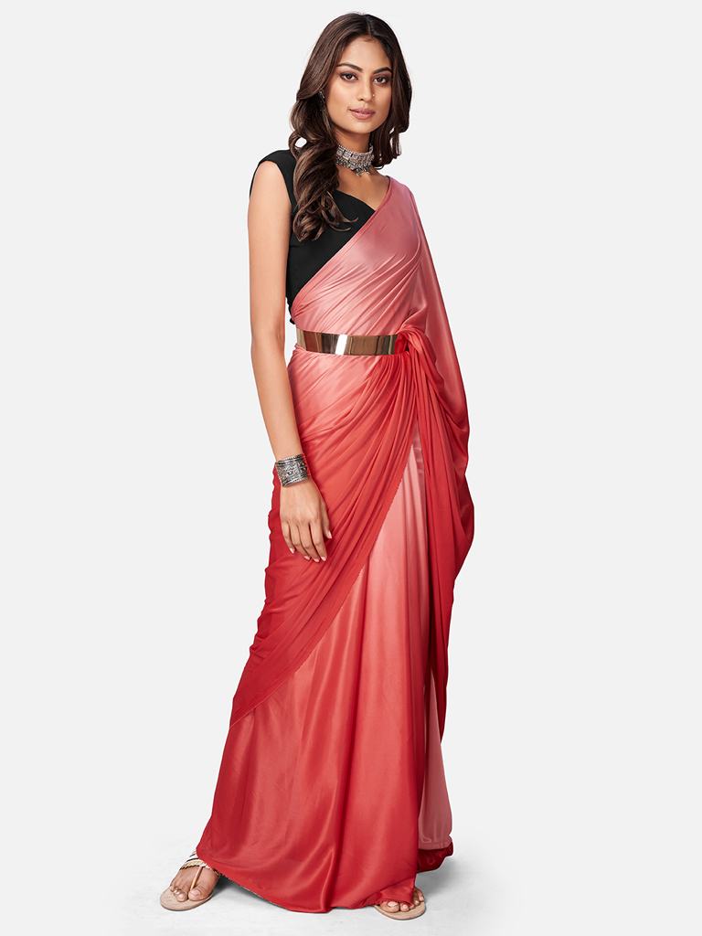 Fancy Red Ready to Wear Lycra Saree with Belt