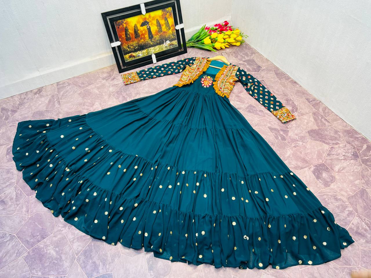 Fancy Teal Blue Color Mother Daughter Gown With Jacket