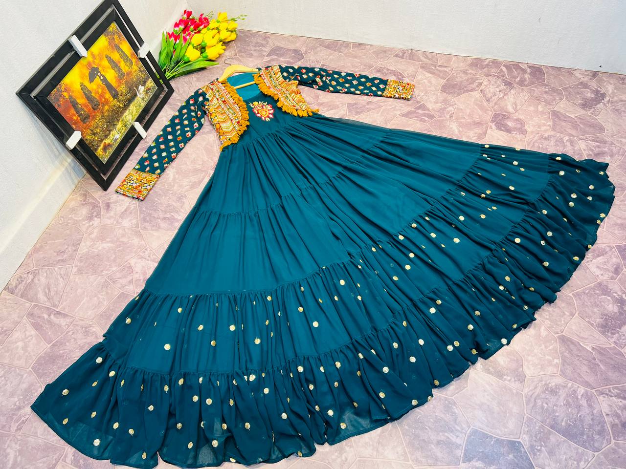 Fancy Teal Blue Color Mother Daughter Gown With Jacket