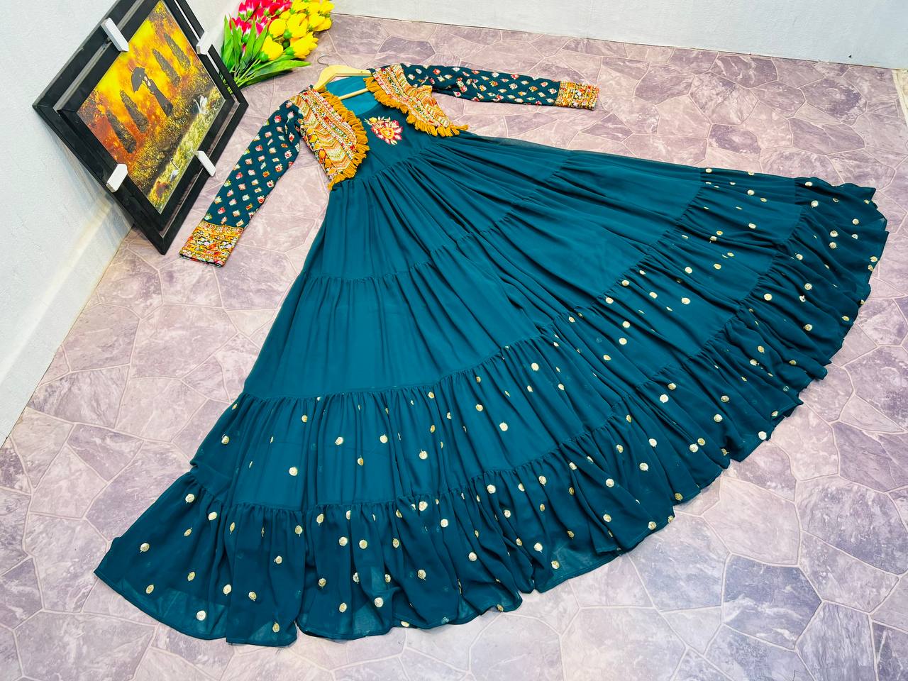 Fancy Teal Blue Color Mother Daughter Gown With Jacket