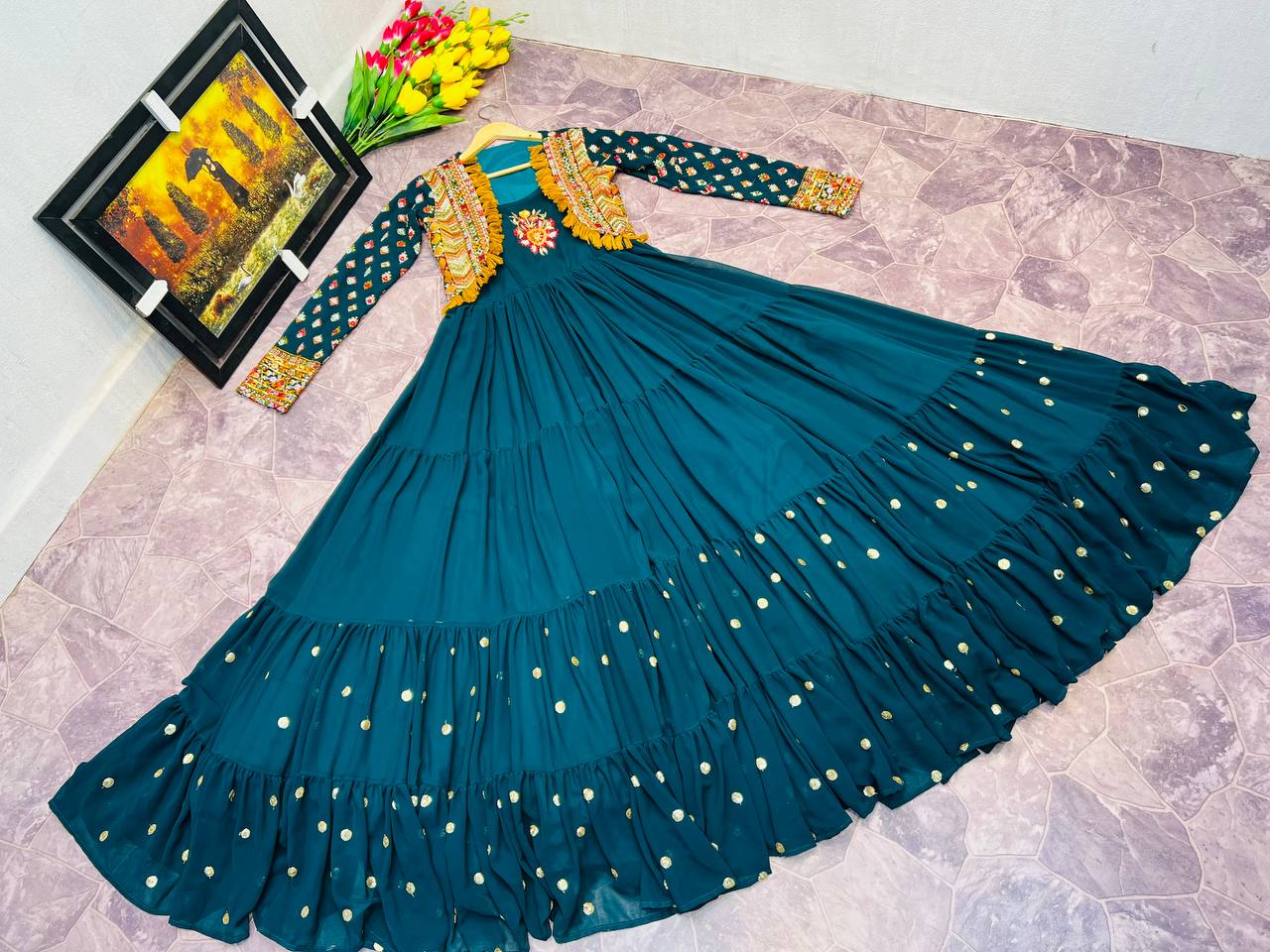 Fancy Teal Blue Color Mother Daughter Gown With Jacket