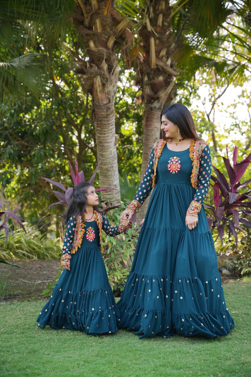 Fancy Teal Blue Color Mother Daughter Gown With Jacket