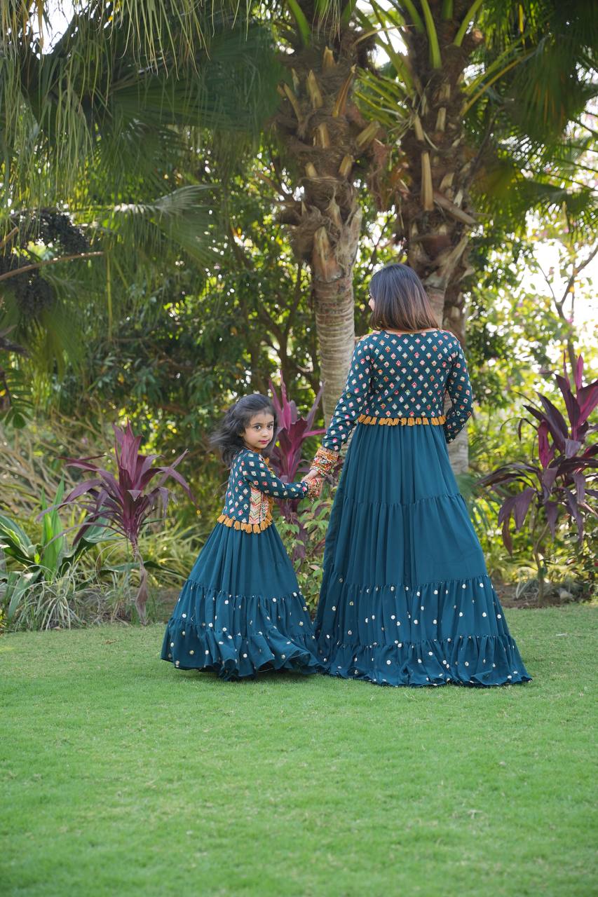 Fancy Teal Blue Color Mother Daughter Gown With Jacket