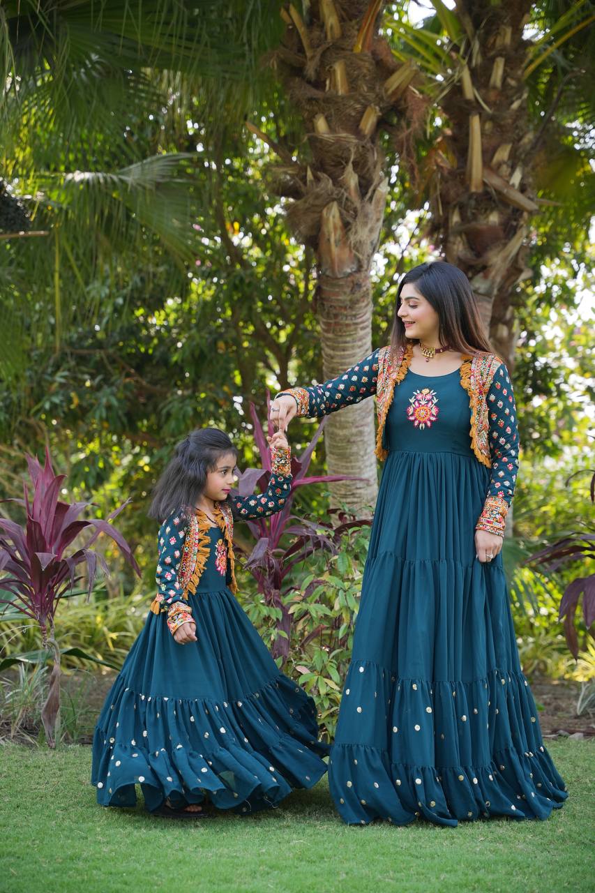 Fancy Teal Blue Color Mother Daughter Gown With Jacket