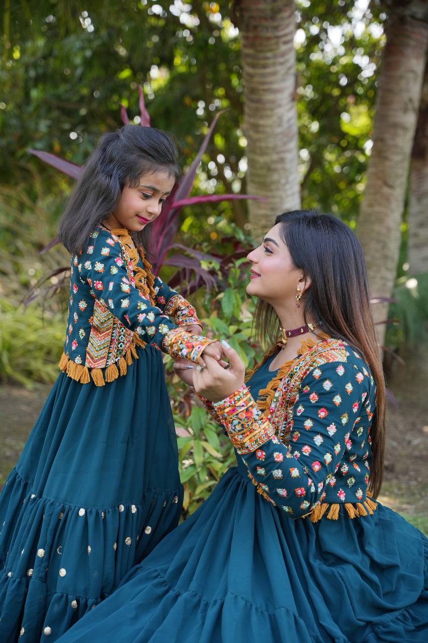 Fancy Teal Blue Color Mother Daughter Gown With Jacket