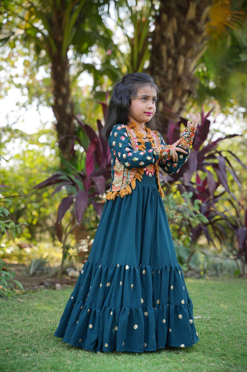 Fancy Teal Blue Color Mother Daughter Gown With Jacket