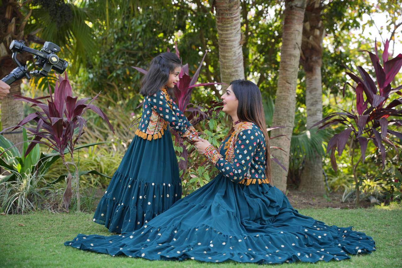 Fancy Teal Blue Color Mother Daughter Gown With Jacket