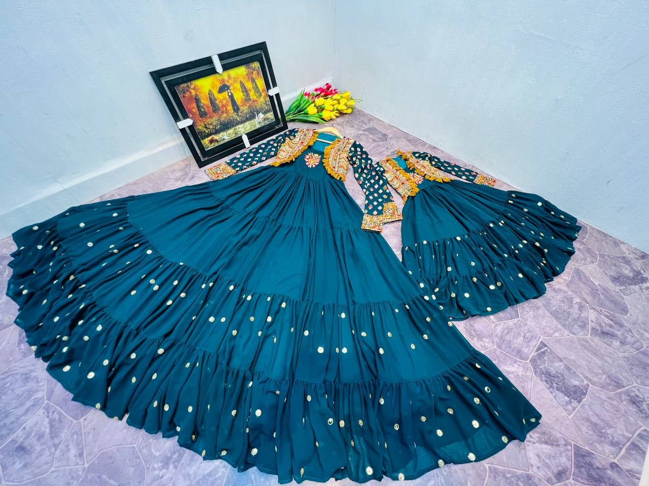 Fancy Teal Blue Color Mother Daughter Gown With Jacket