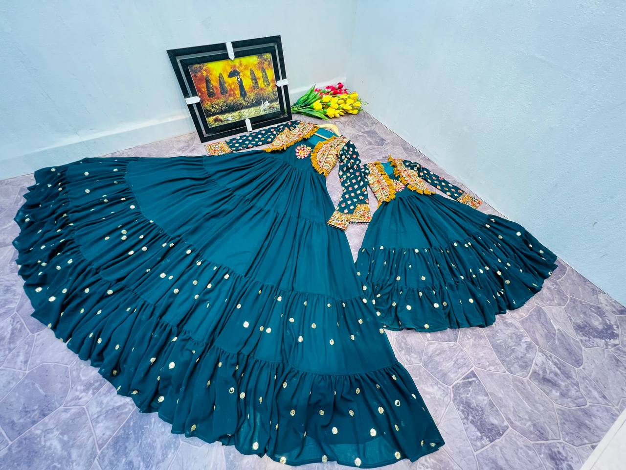 Fancy Teal Blue Color Mother Daughter Gown With Jacket