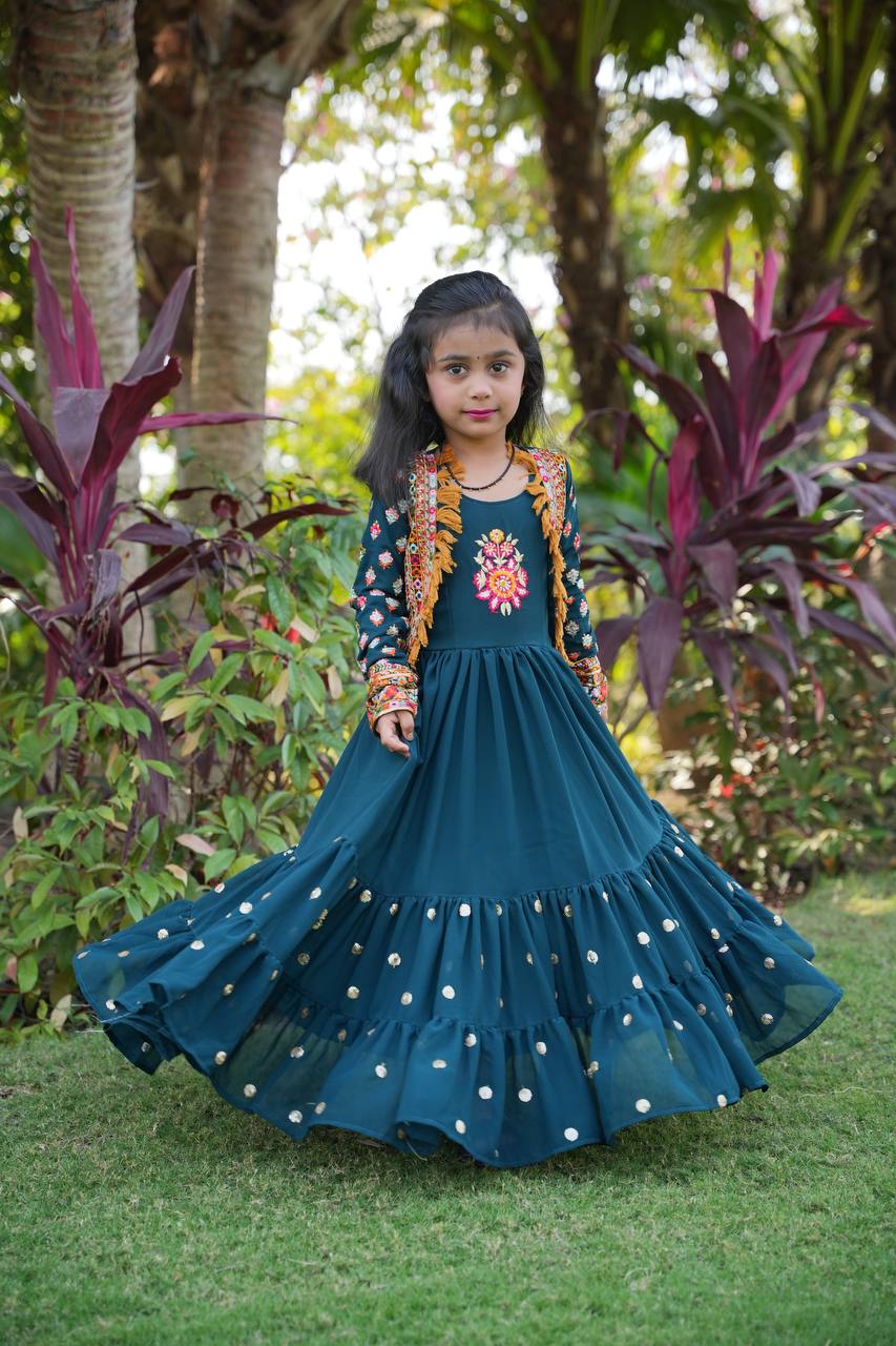 Fancy Teal Blue Color Mother Daughter Gown With Jacket