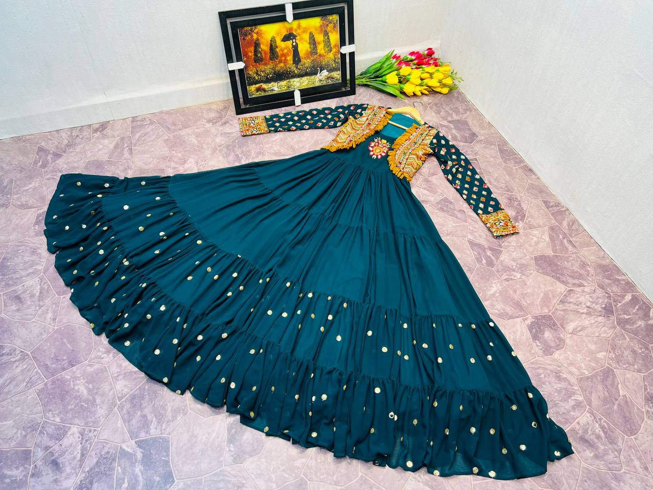 Fancy Teal Blue Color Mother Daughter Gown With Jacket