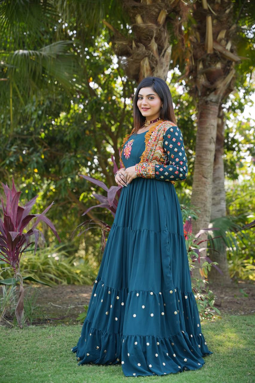 Fancy Teal Blue Color Mother Daughter Gown With Jacket