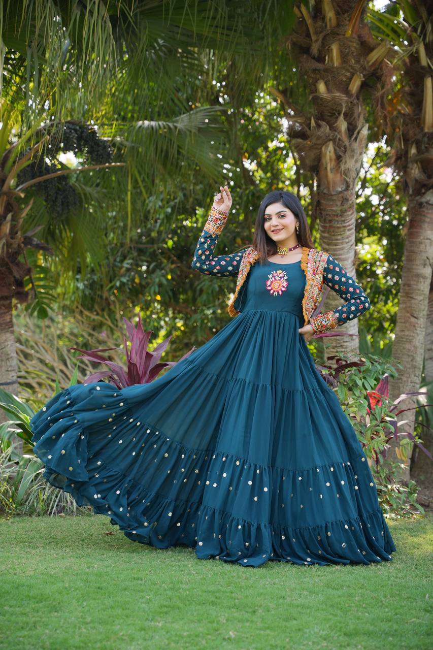Fancy Teal Blue Color Mother Daughter Gown With Jacket