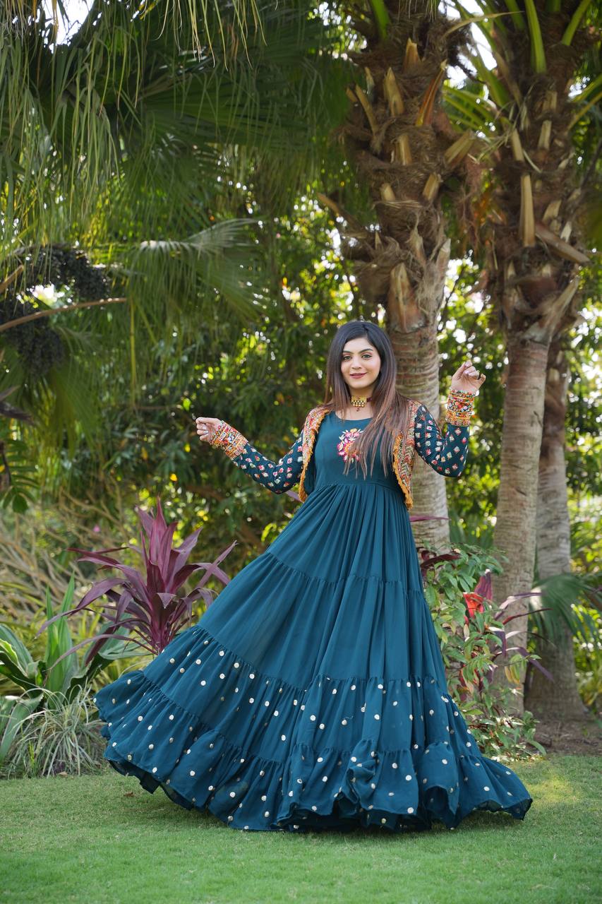 Fancy Teal Blue Color Mother Daughter Gown With Jacket