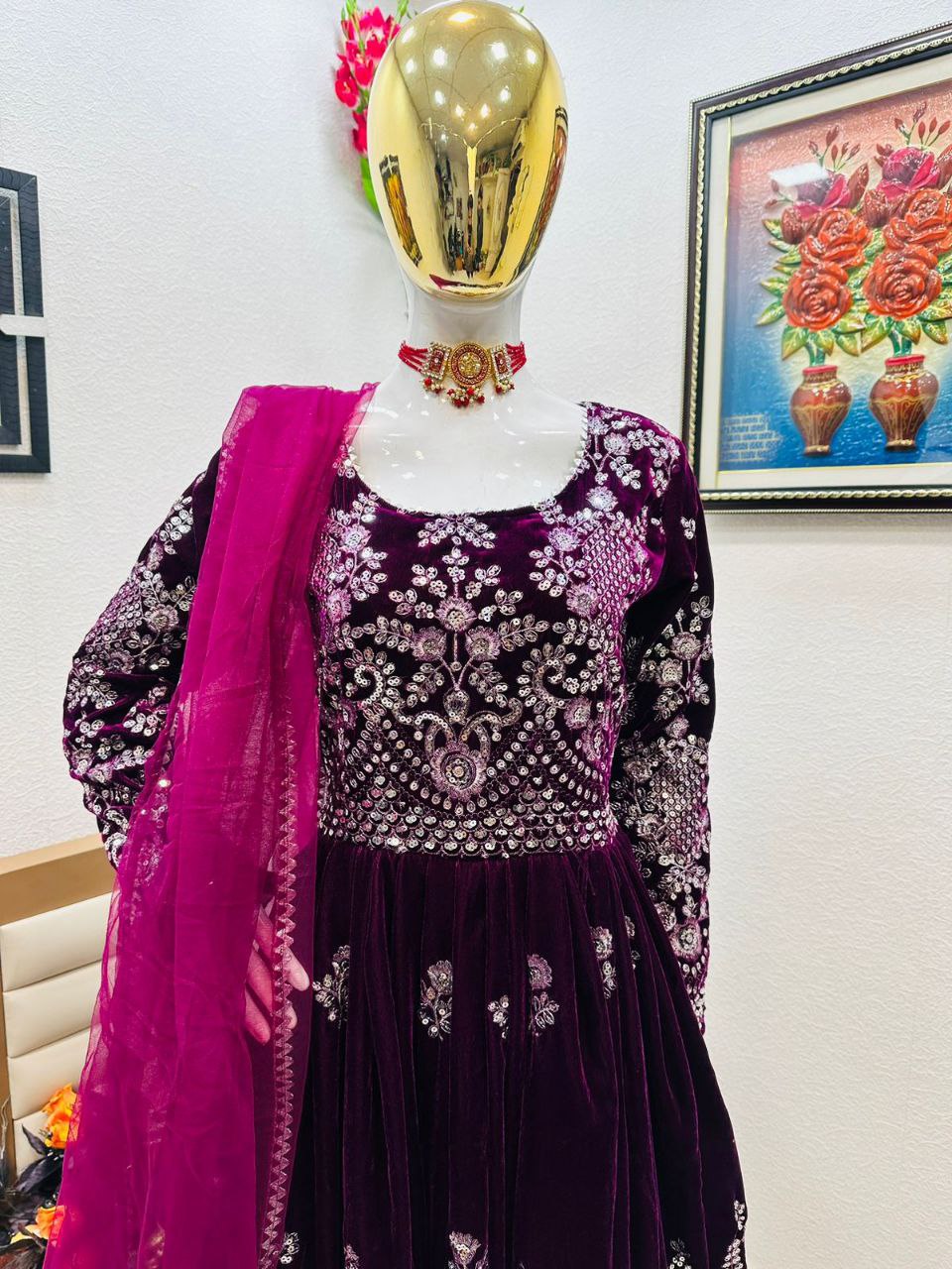 Fantastic Wine Color Velvet Embroidery Sequence Salwar Suit