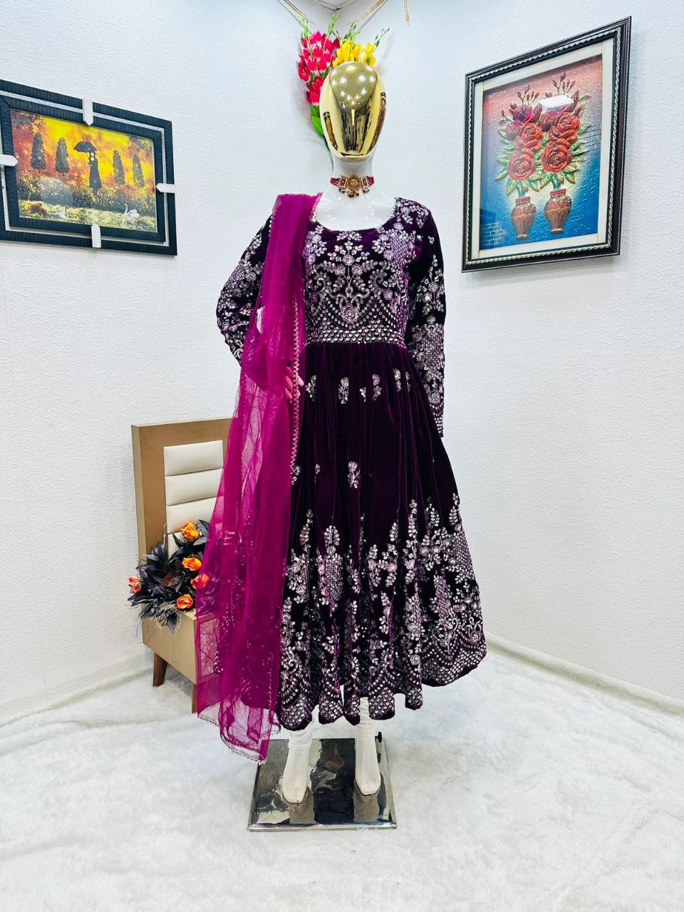 Fantastic Wine Color Velvet Embroidery Sequence Salwar Suit