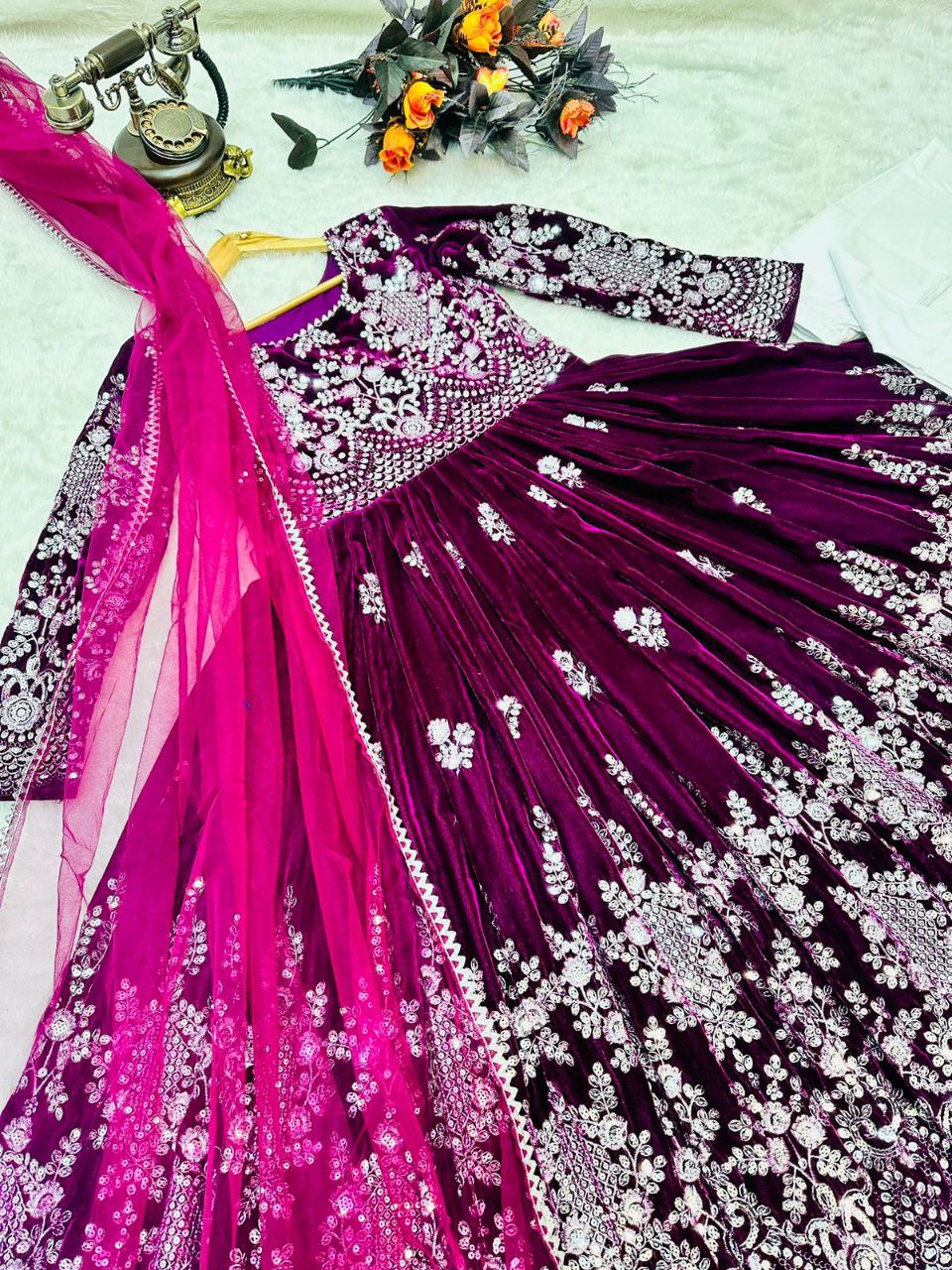 Fantastic Wine Color Velvet Embroidery Sequence Salwar Suit