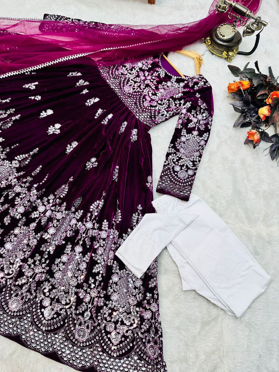 Fantastic Wine Color Velvet Embroidery Sequence Salwar Suit
