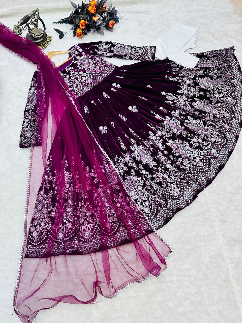 Fantastic Wine Color Velvet Embroidery Sequence Salwar Suit