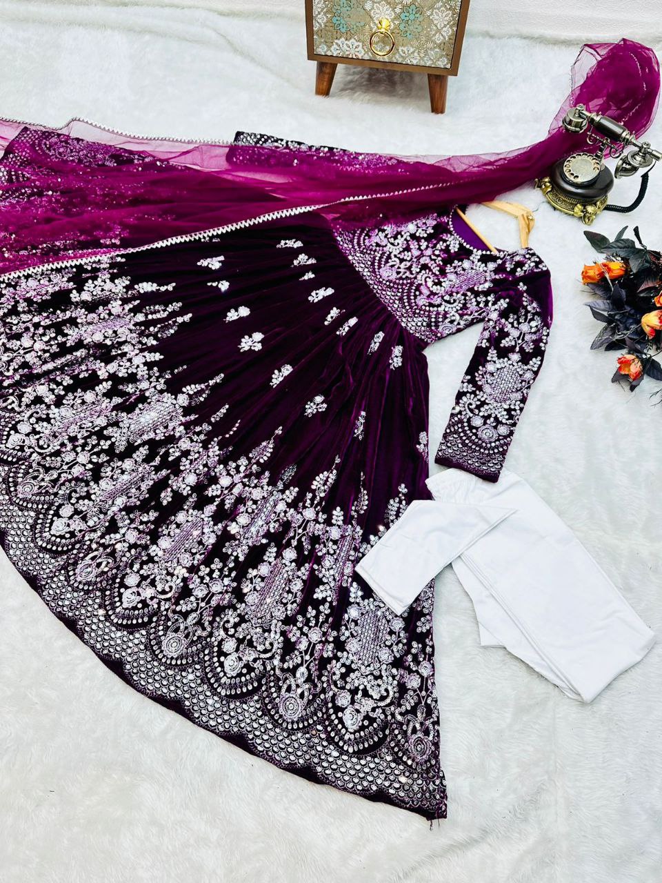 Fantastic Wine Color Velvet Embroidery Sequence Salwar Suit