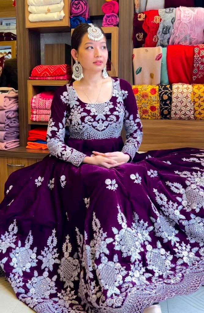 Fantastic Wine Color Velvet Embroidery Sequence Salwar Suit