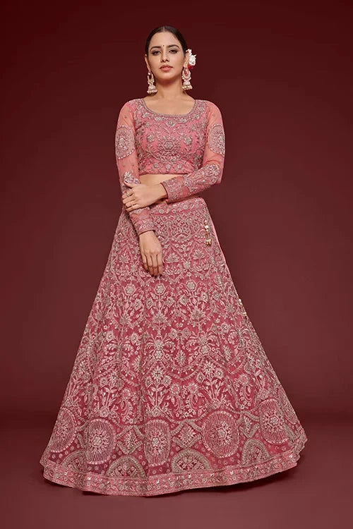 Fantasy Rose Soft Net Thread Zari Embroidery Work Lehenga Choli With Dupatta