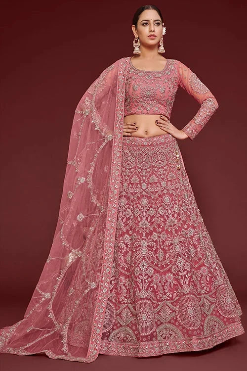 Fantasy Rose Soft Net Thread Zari Embroidery Work Lehenga Choli With Dupatta