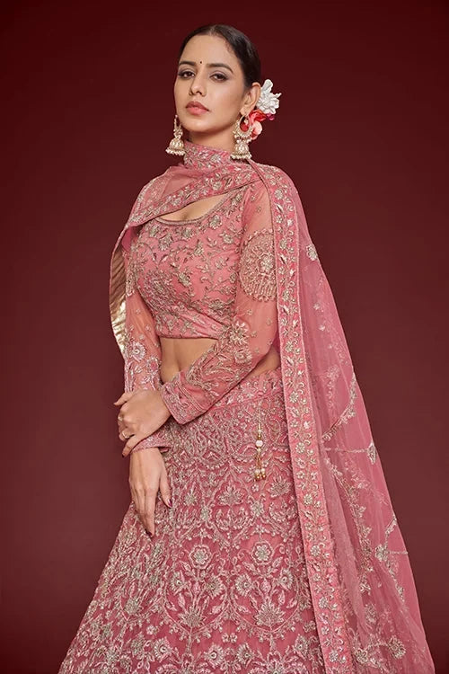 Fantasy Rose Soft Net Thread Zari Embroidery Work Lehenga Choli With Dupatta