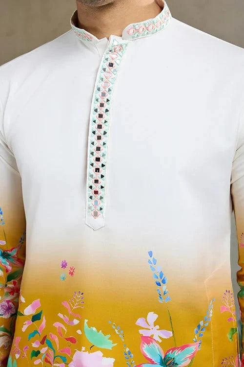 Printed with Hand Mirror Work Kurta for Mens