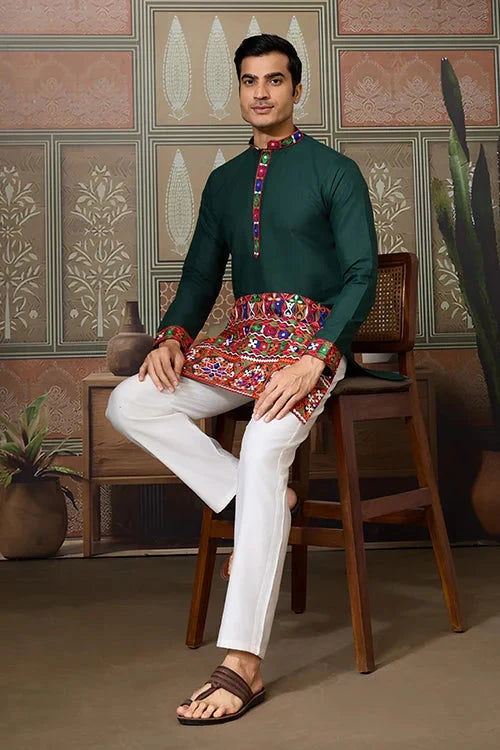 Navratri Style Green Cotton Readymade Kurta for Men