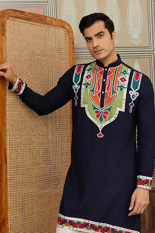 Navy Blue Embroidered Festival Wear Kurta for Men