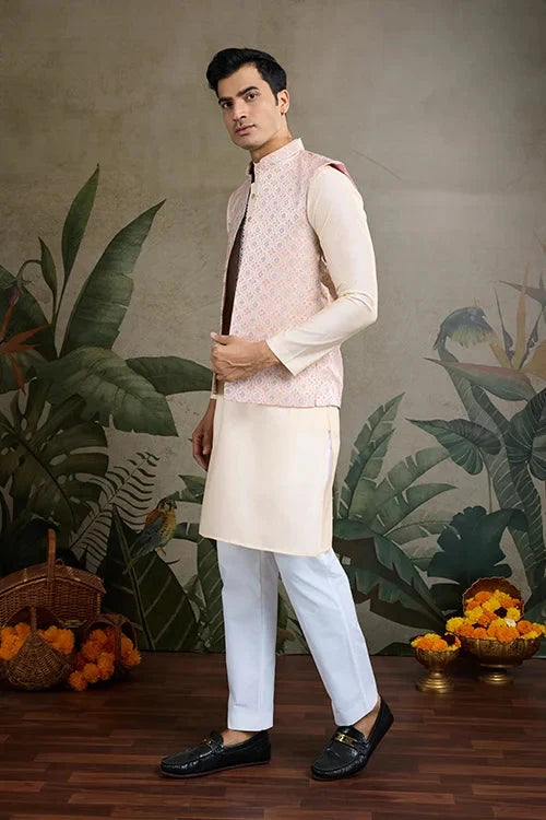 Traditional Beige Kurta Set with Koti Jacket