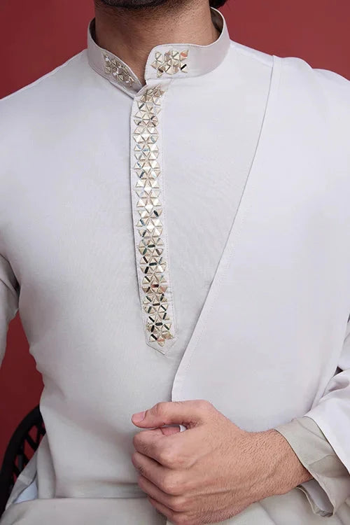 Designer Beige Kurta Set for Men with Mirror Work