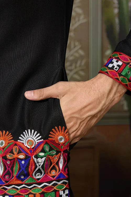 Black Cotton Silk Traditional Ready Kurta for Navratri