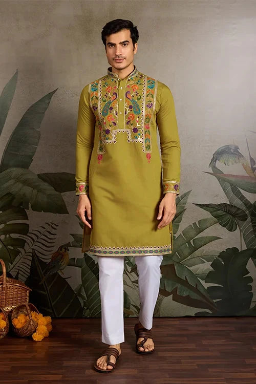Festive Wear Flourescent Green Embroidered Kurta for Men