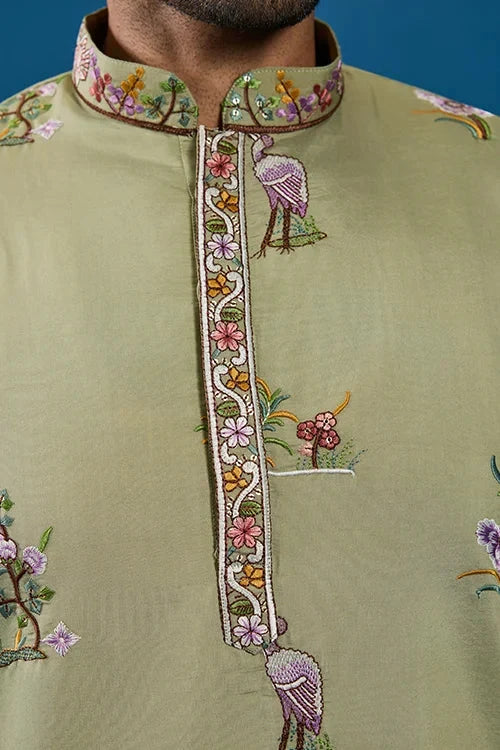 Traditional Pista Green Embroidered Kurta for Men
