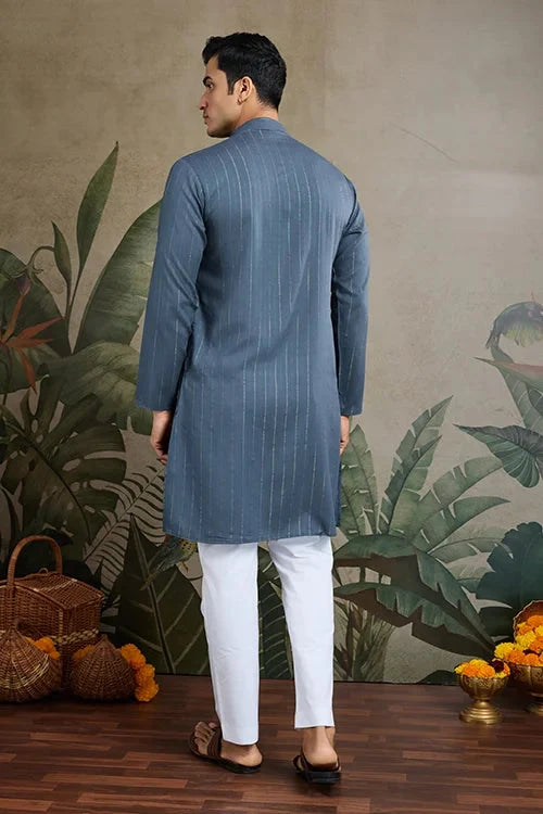 Diwali Special Blue Grey Viscose Silk Kurta with Mirror Work
